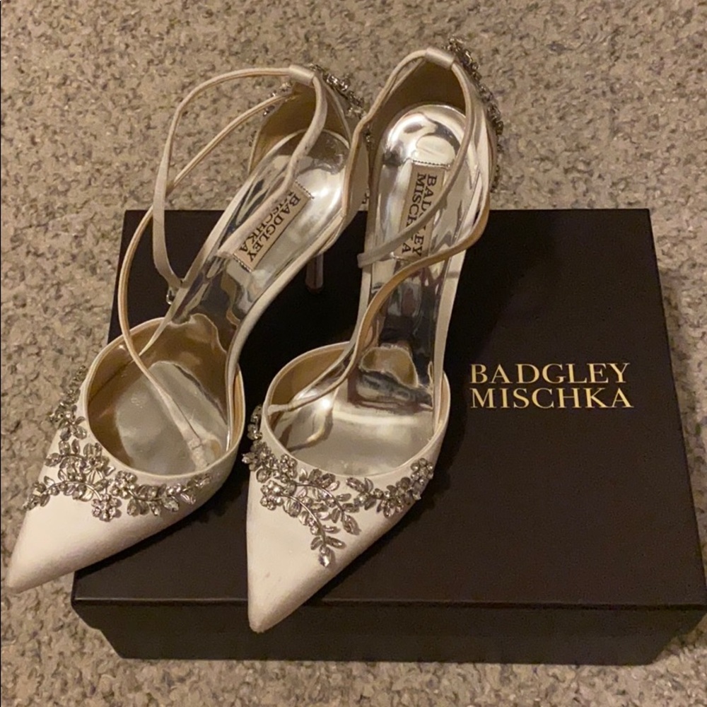 Badgley Mischka Jeweled Heels- White Satin
